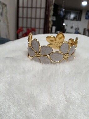 Stainless Steel Gold Floral Cuff Bracelet with Light Gray Enamel Petals